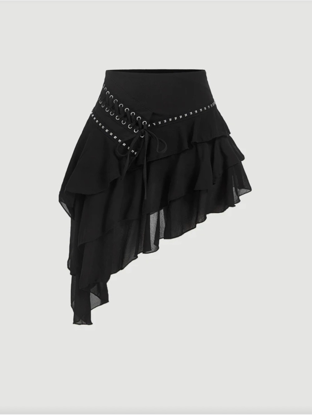 Black Ruffled Asymmetric Skirt with Eyelet Lace-Up Waist